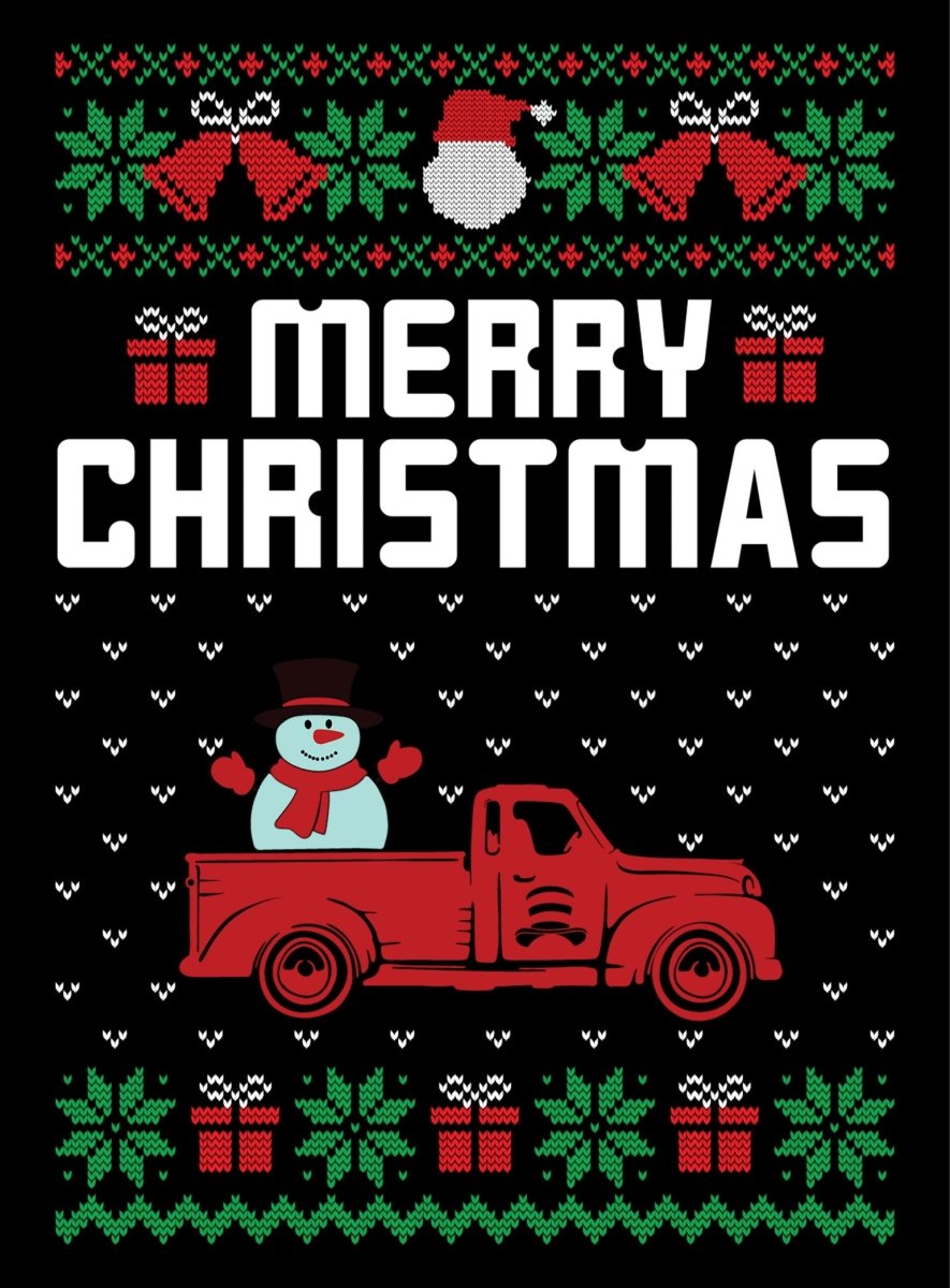 Merry Christmas Snowman on Pickup Truck Ugly Sweater Party Ready To Press DTF Transfer - Buy Bulk DTF